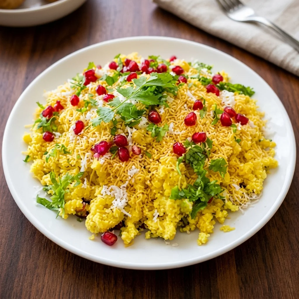 Sev Khamani - crumbled khaman tossed with crispy sev, onions and chutneys in Calgary